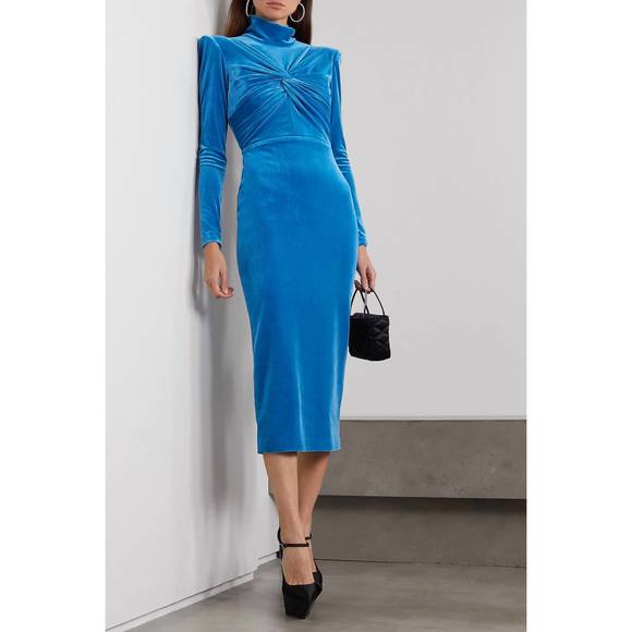 NEW ALEX PERRY preston velvet turleneck twist long sleeve dress in blue